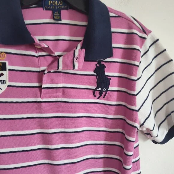 Boys SZ L (14-16) Polo Ralph Lauren Big Pony Navy/Pink Stripe Short-Sleeve Polo - Picture 2 of 5